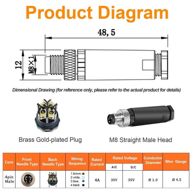 PklzNet 10Pcs M8 4-Pin Male Aviation Connector, Industrial 8mm A-Coded Field Assembly Plug, IP67 Waterproof, for Industry Automation and Panel Sensors. - Image 5